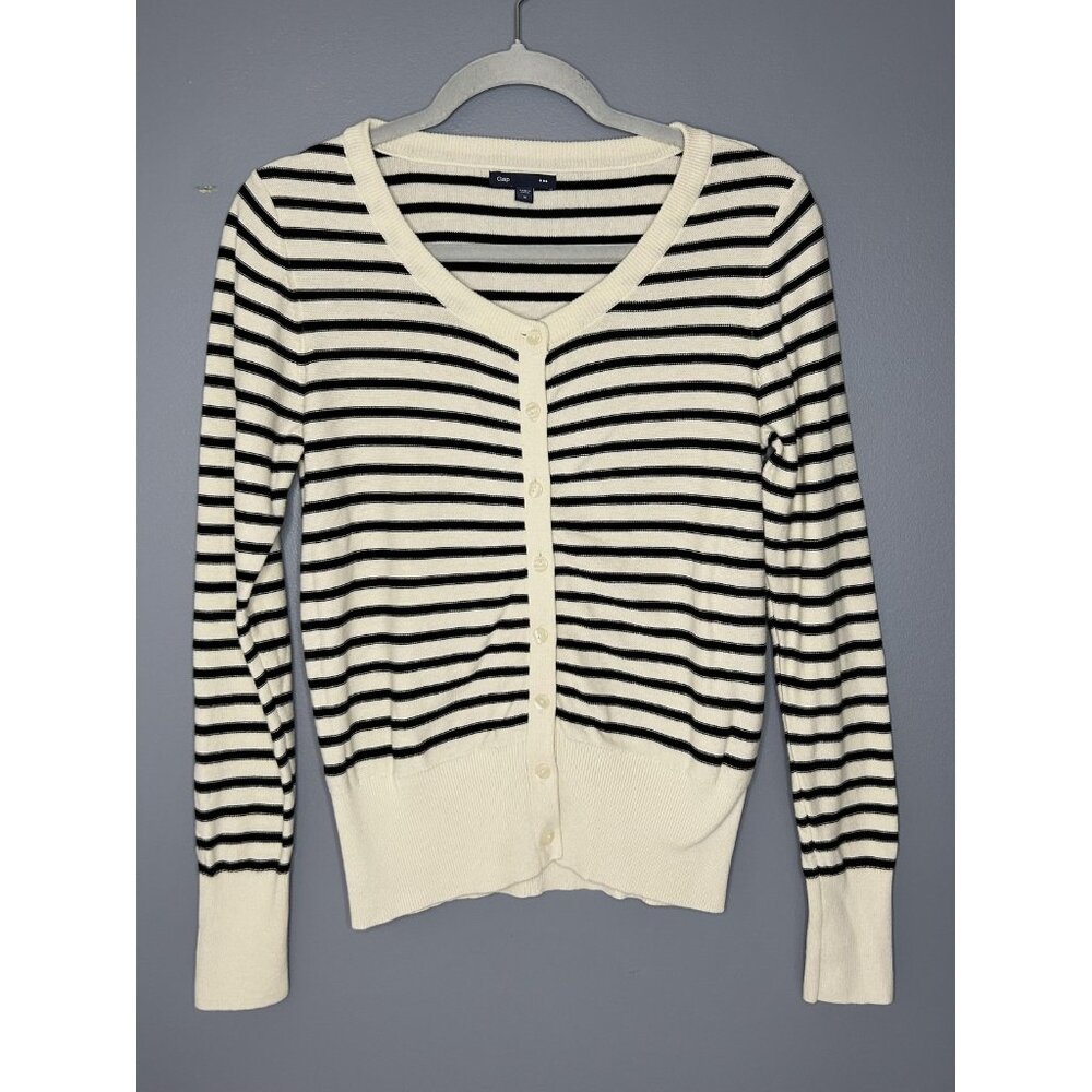 Gap Sweater Womens M Black Cream‎ Striped Fitted Cardigan Button Knit Academia